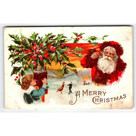 Vintage 1914 Santa Claus Christmas Postcard with Holly & Ice Skaters Embossed - Picture 1 of 2